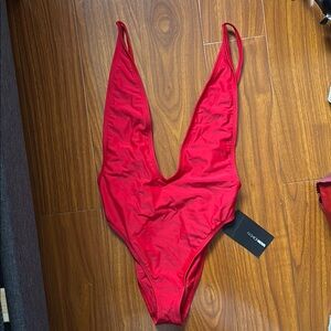 Fashion Nova Sunburst Red Deep V High Cut One Piece Swimsuit